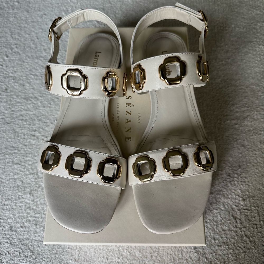 Larroude White Sandals with Gold Accents